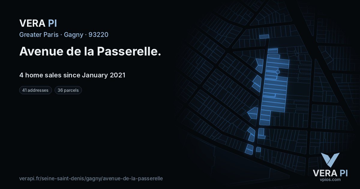 Avenue de la Passerelle, Gagny at night – every parcel coloured by the prices around it, the street's own parcels lit
