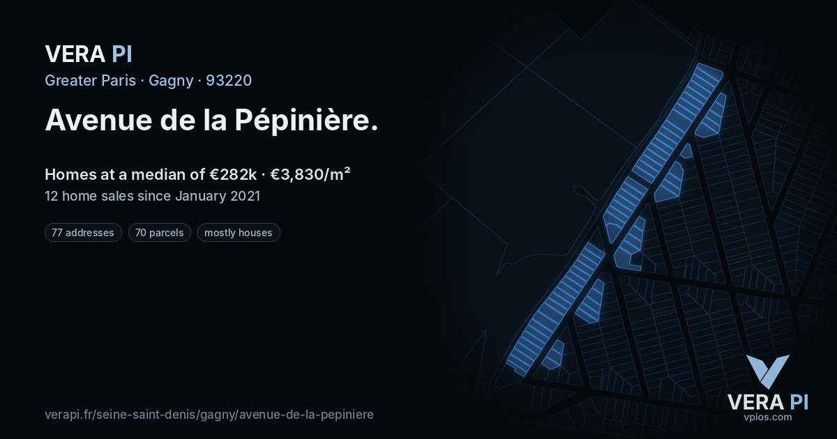 Avenue de la Pépinière, Gagny at night – every parcel coloured by the prices around it, the street's own parcels lit