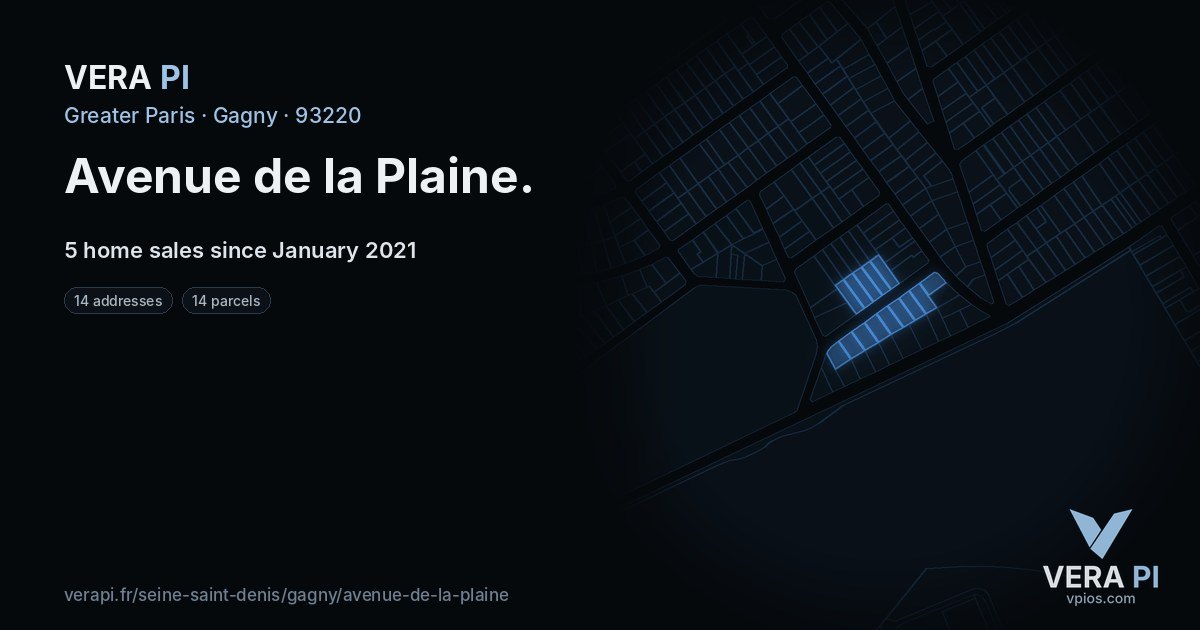 Avenue de la Plaine, Gagny at night – every parcel coloured by the prices around it, the street's own parcels lit