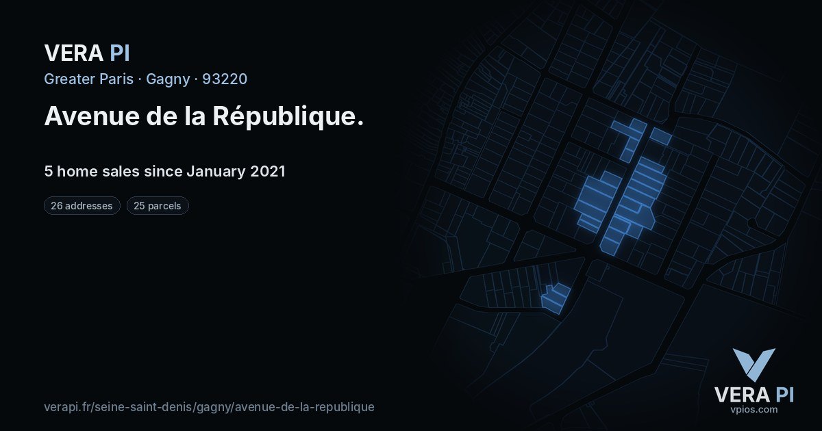 Avenue de la République, Gagny at night – every parcel coloured by the prices around it, the street's own parcels lit