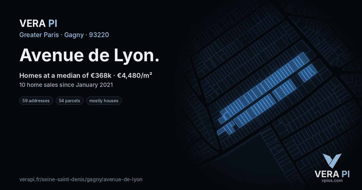 Avenue de Lyon, Gagny at night – every parcel coloured by the prices around it, the street's own parcels lit