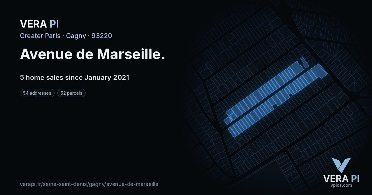 Avenue de Marseille, Gagny at night – every parcel coloured by the prices around it, the street's own parcels lit