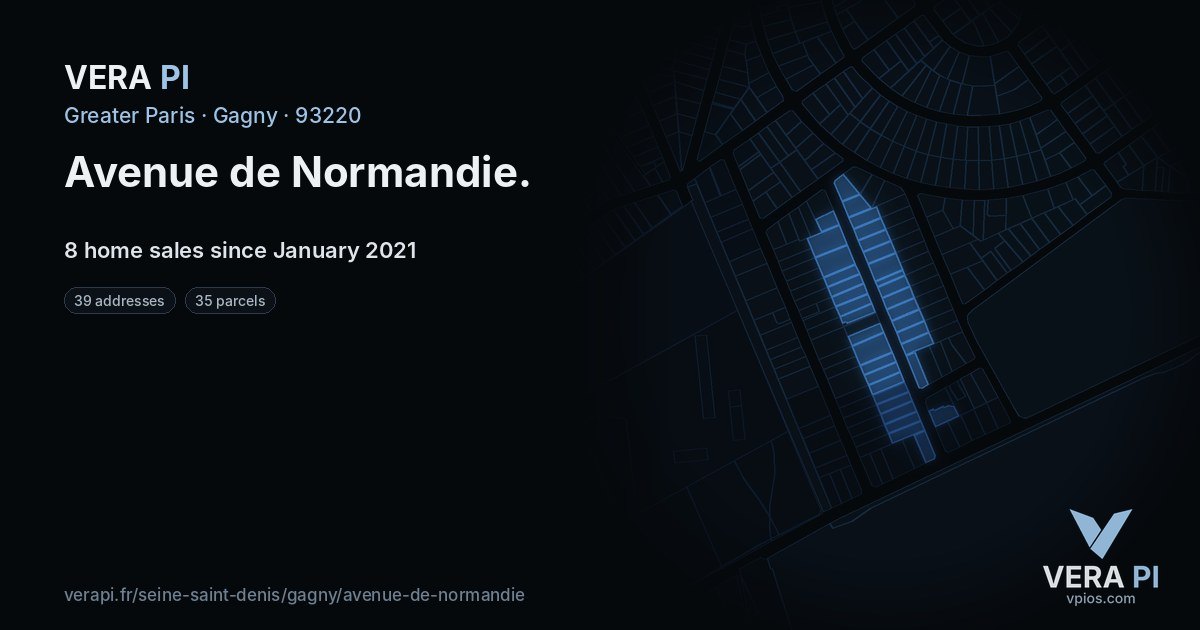 Avenue de Normandie, Gagny at night – every parcel coloured by the prices around it, the street's own parcels lit