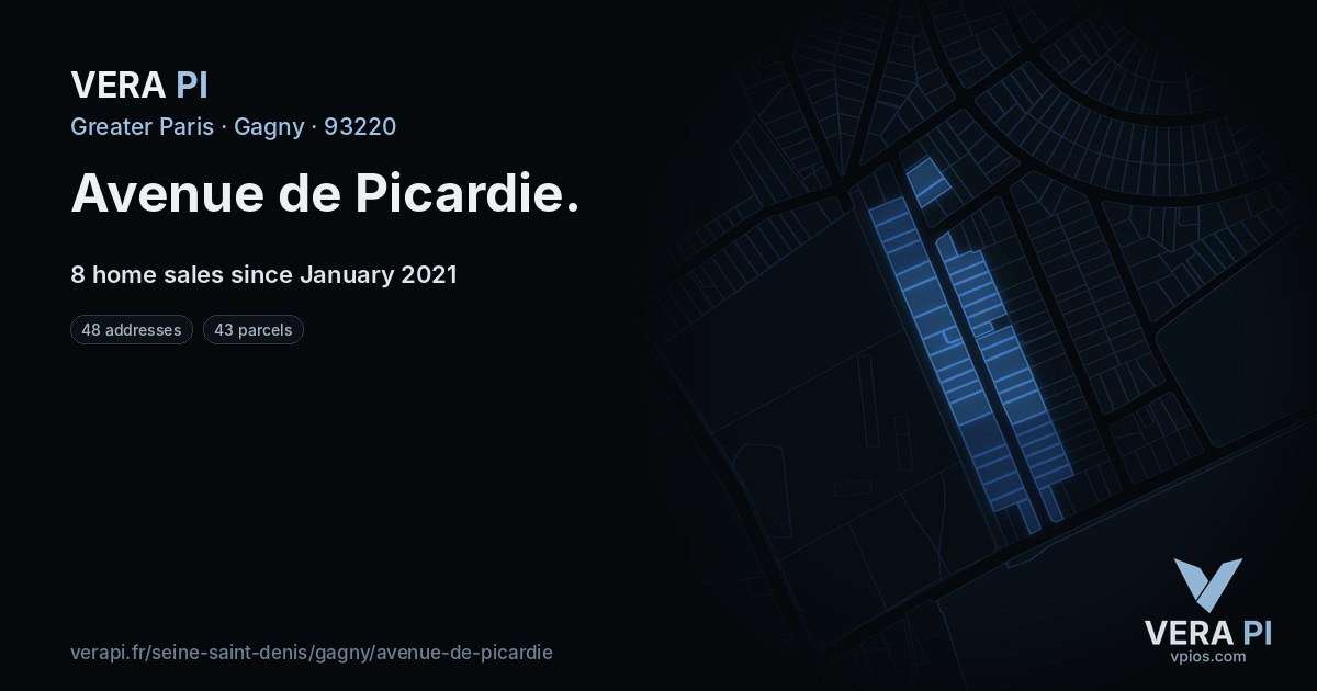 Avenue de Picardie, Gagny at night – every parcel coloured by the prices around it, the street's own parcels lit