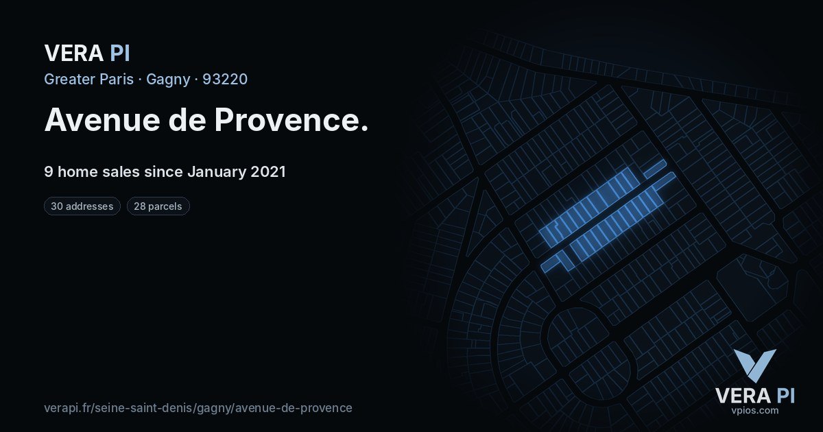 Avenue de Provence, Gagny at night – every parcel coloured by the prices around it, the street's own parcels lit