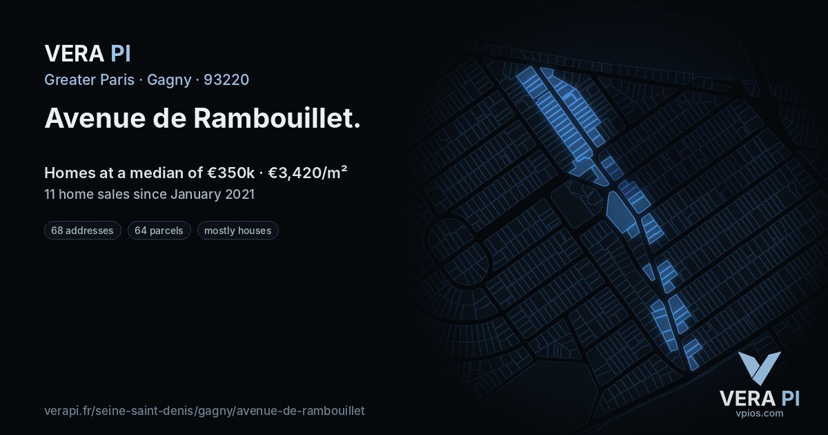 Avenue de Rambouillet, Gagny at night – every parcel coloured by the prices around it, the street's own parcels lit