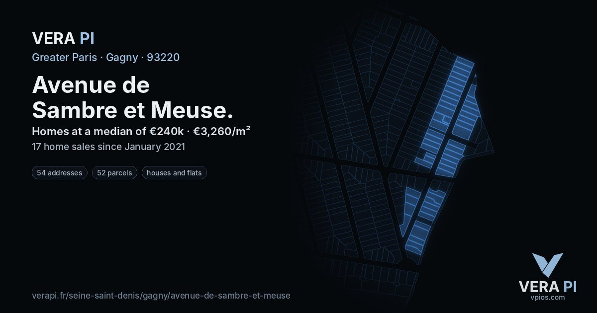 Avenue de Sambre et Meuse, Gagny at night – every parcel coloured by the prices around it, the street's own parcels lit