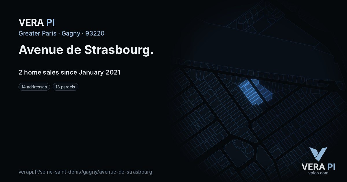 Avenue de Strasbourg, Gagny at night – every parcel coloured by the prices around it, the street's own parcels lit