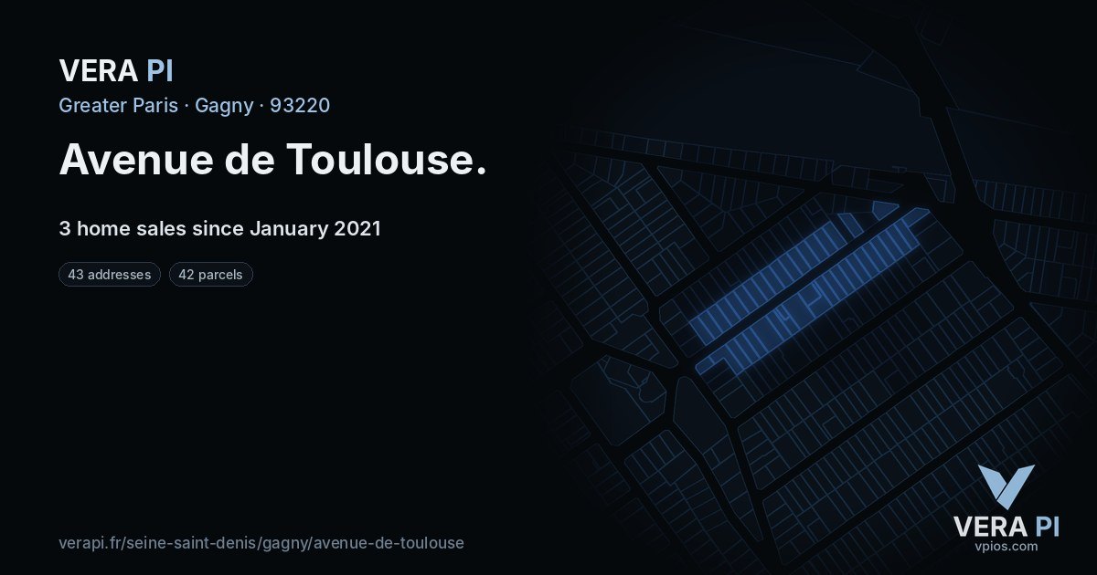 Avenue de Toulouse, Gagny at night – every parcel coloured by the prices around it, the street's own parcels lit
