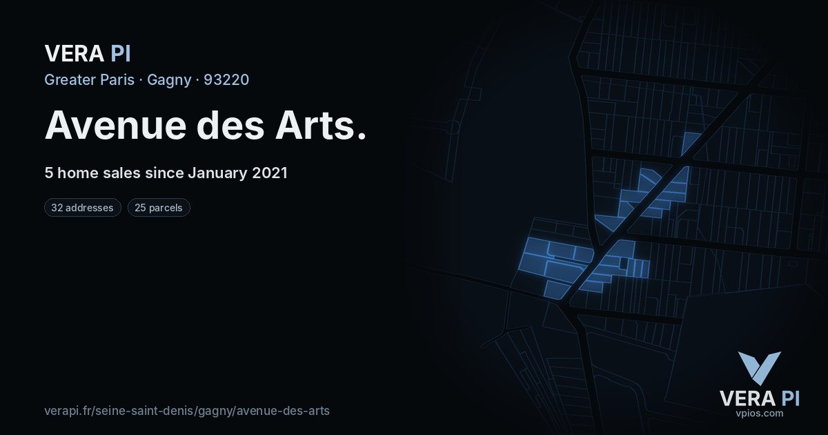 Avenue des Arts, Gagny at night – every parcel coloured by the prices around it, the street's own parcels lit