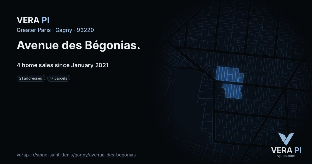 Avenue des Bégonias, Gagny at night – every parcel coloured by the prices around it, the street's own parcels lit
