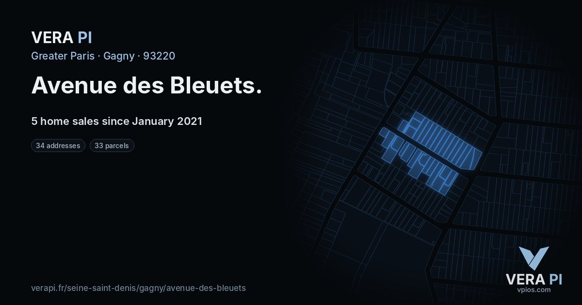 Avenue des Bleuets, Gagny at night – every parcel coloured by the prices around it, the street's own parcels lit