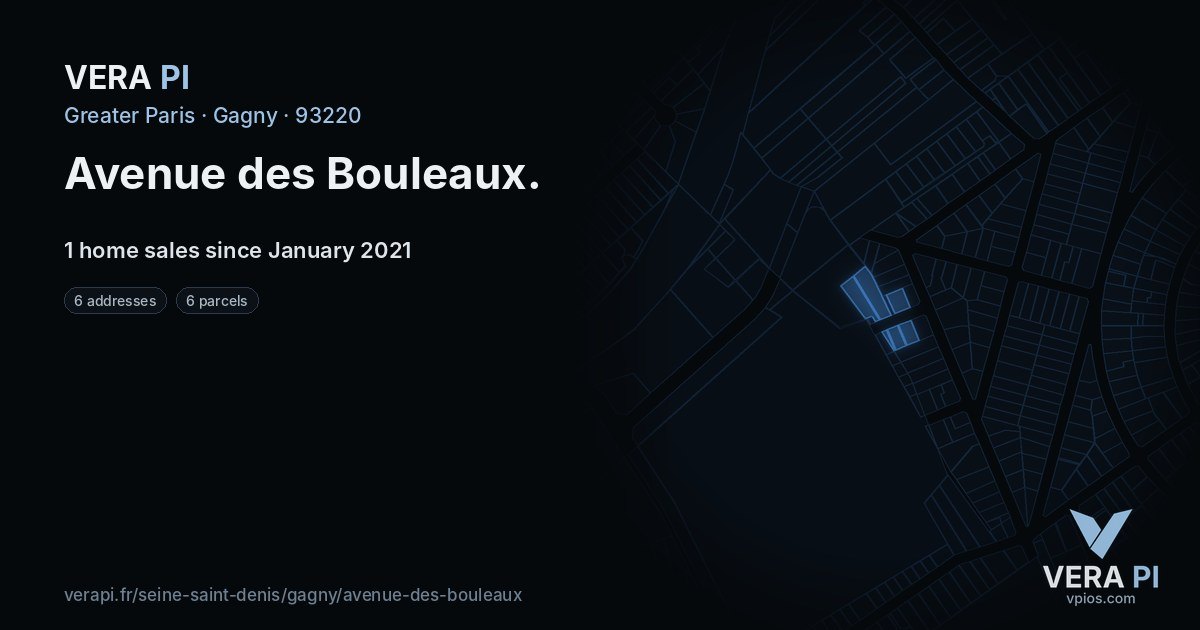 Avenue des Bouleaux, Gagny at night – every parcel coloured by the prices around it, the street's own parcels lit