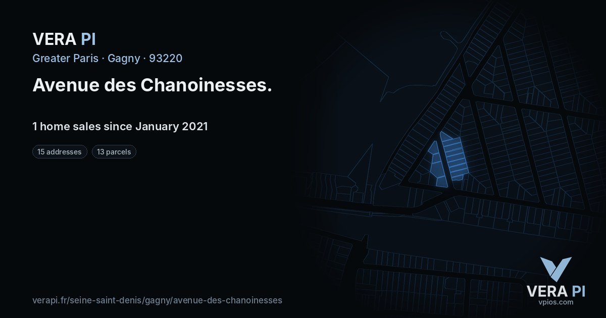 Avenue des Chanoinesses, Gagny at night – every parcel coloured by the prices around it, the street's own parcels lit