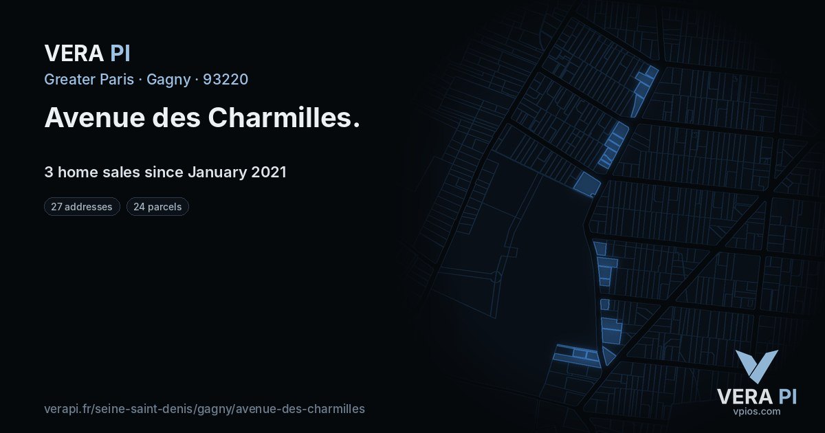 Avenue des Charmilles, Gagny at night – every parcel coloured by the prices around it, the street's own parcels lit