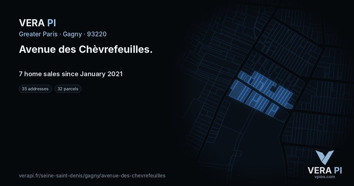 Avenue des Chèvrefeuilles, Gagny at night – every parcel coloured by the prices around it, the street's own parcels lit