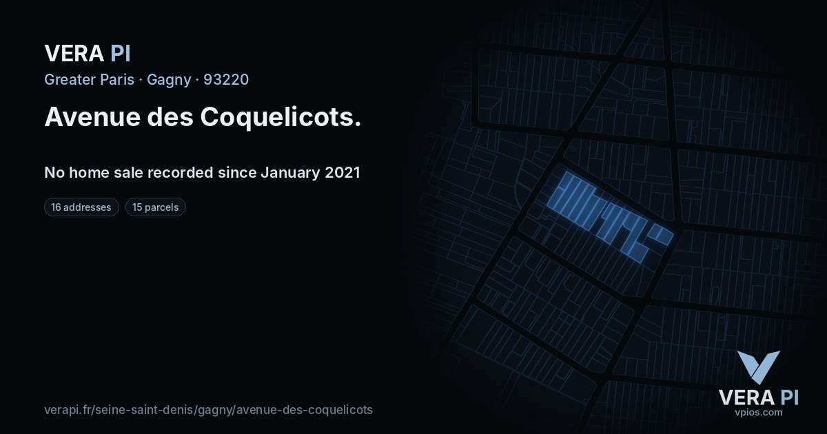 Avenue des Coquelicots, Gagny at night – every parcel coloured by the prices around it, the street's own parcels lit