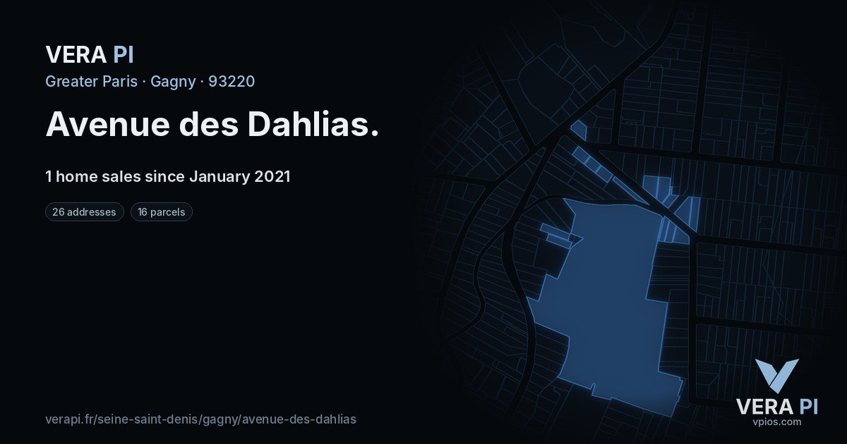 Avenue des Dahlias, Gagny at night – every parcel coloured by the prices around it, the street's own parcels lit