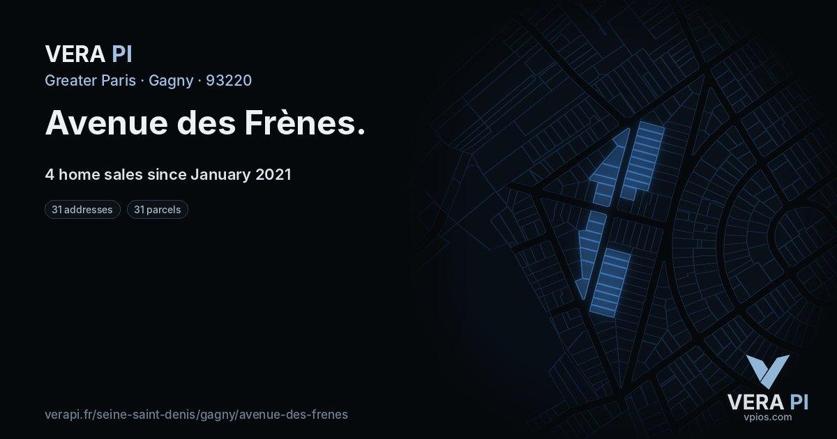 Avenue des Frènes, Gagny at night – every parcel coloured by the prices around it, the street's own parcels lit