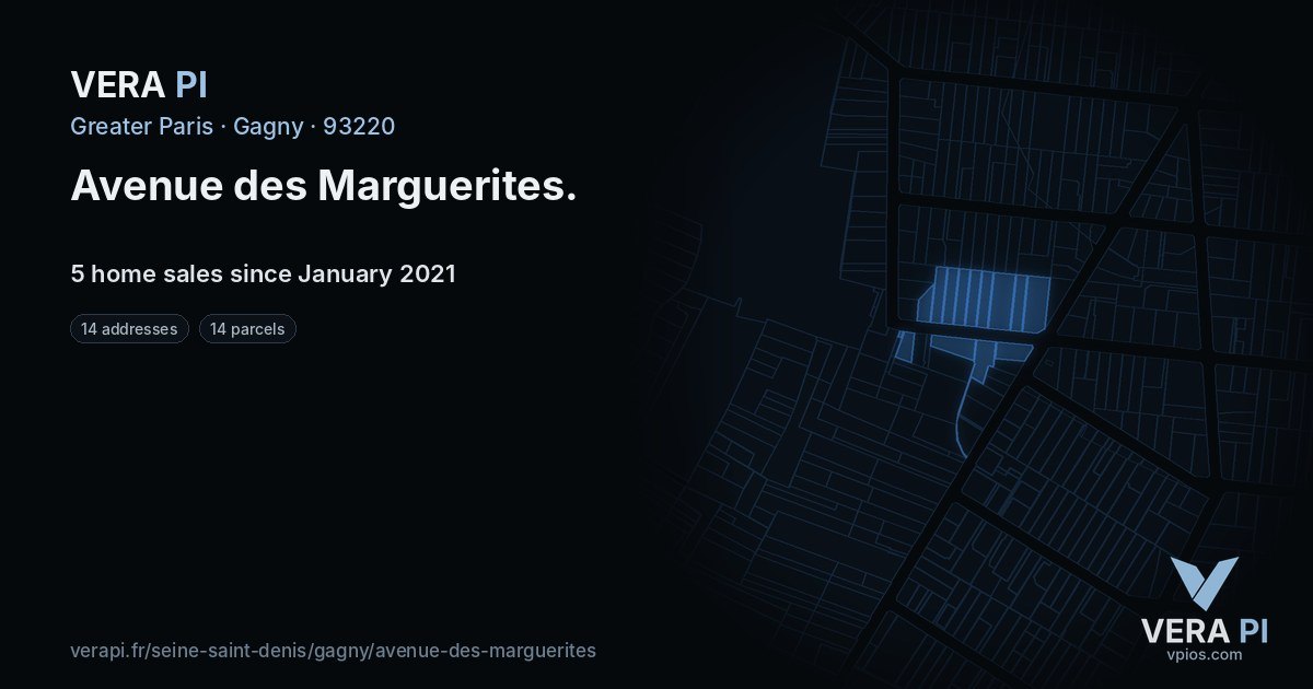 Avenue des Marguerites, Gagny at night – every parcel coloured by the prices around it, the street's own parcels lit