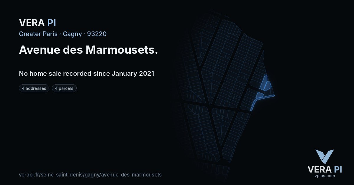 Avenue des Marmousets, Gagny at night – every parcel coloured by the prices around it, the street's own parcels lit