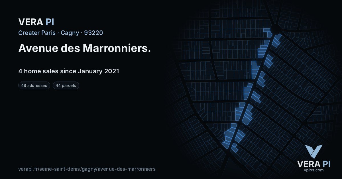 Avenue des Marronniers, Gagny at night – every parcel coloured by the prices around it, the street's own parcels lit