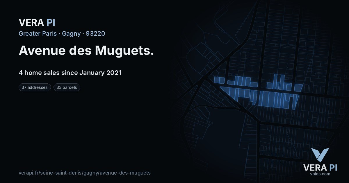 Avenue des Muguets, Gagny at night – every parcel coloured by the prices around it, the street's own parcels lit