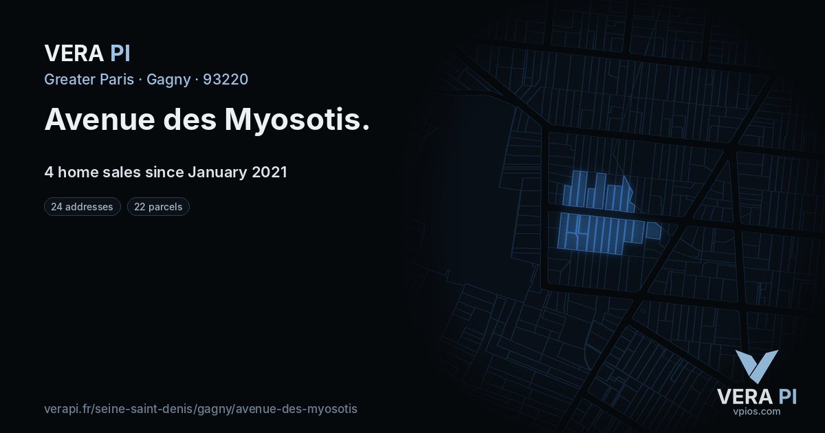 Avenue des Myosotis, Gagny at night – every parcel coloured by the prices around it, the street's own parcels lit