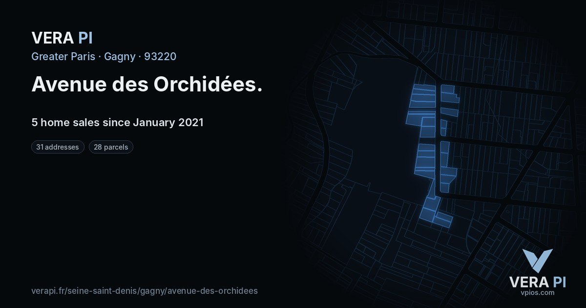 Avenue des Orchidées, Gagny at night – every parcel coloured by the prices around it, the street's own parcels lit