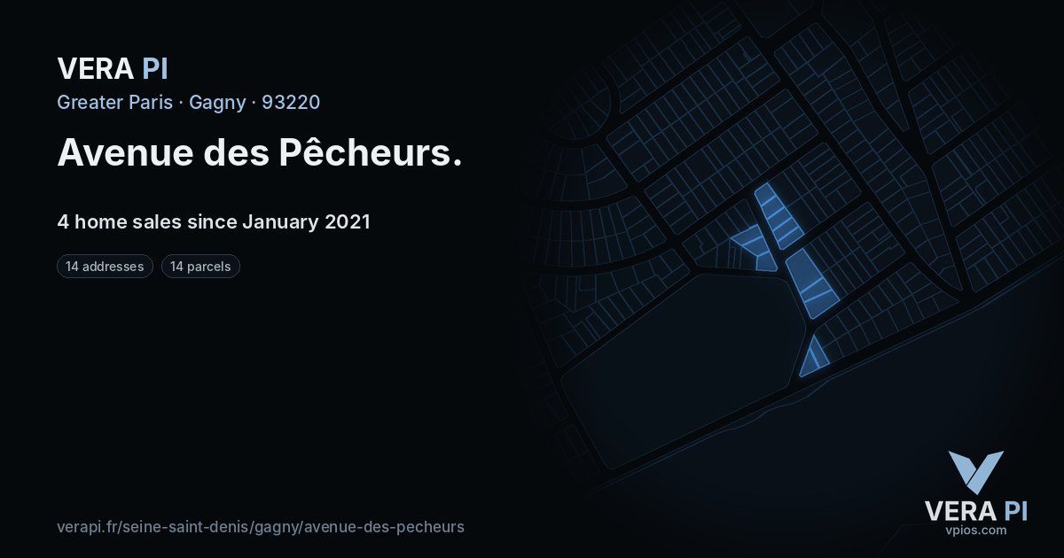 Avenue des Pêcheurs, Gagny at night – every parcel coloured by the prices around it, the street's own parcels lit