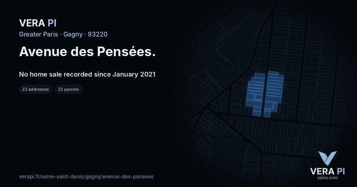 Avenue des Pensées, Gagny at night – every parcel coloured by the prices around it, the street's own parcels lit