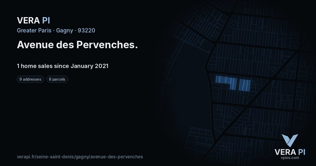 Avenue des Pervenches, Gagny at night – every parcel coloured by the prices around it, the street's own parcels lit