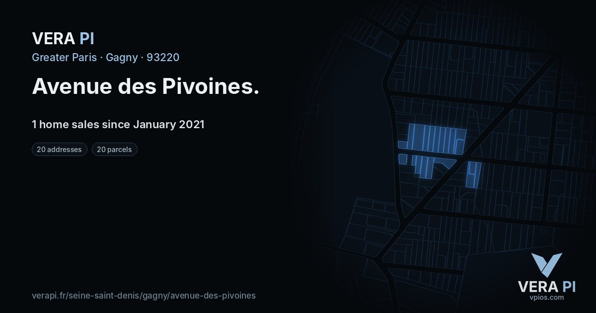Avenue des Pivoines, Gagny at night – every parcel coloured by the prices around it, the street's own parcels lit