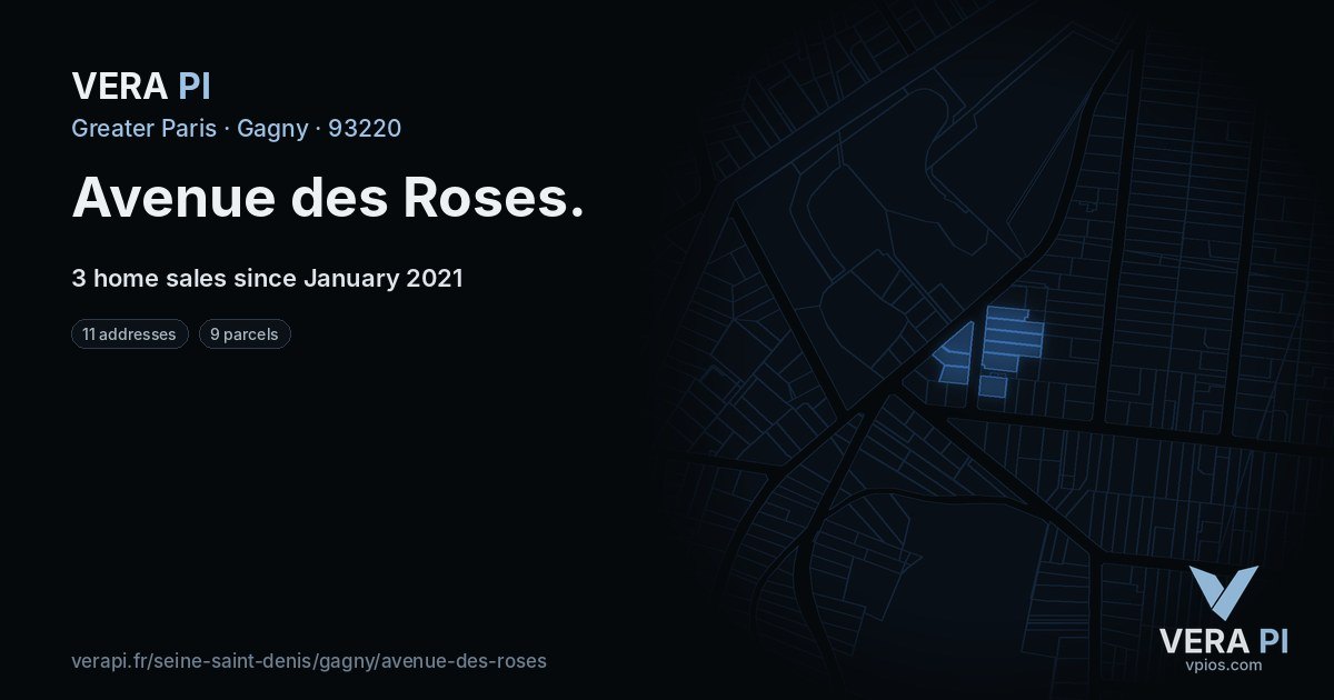 Avenue des Roses, Gagny at night – every parcel coloured by the prices around it, the street's own parcels lit