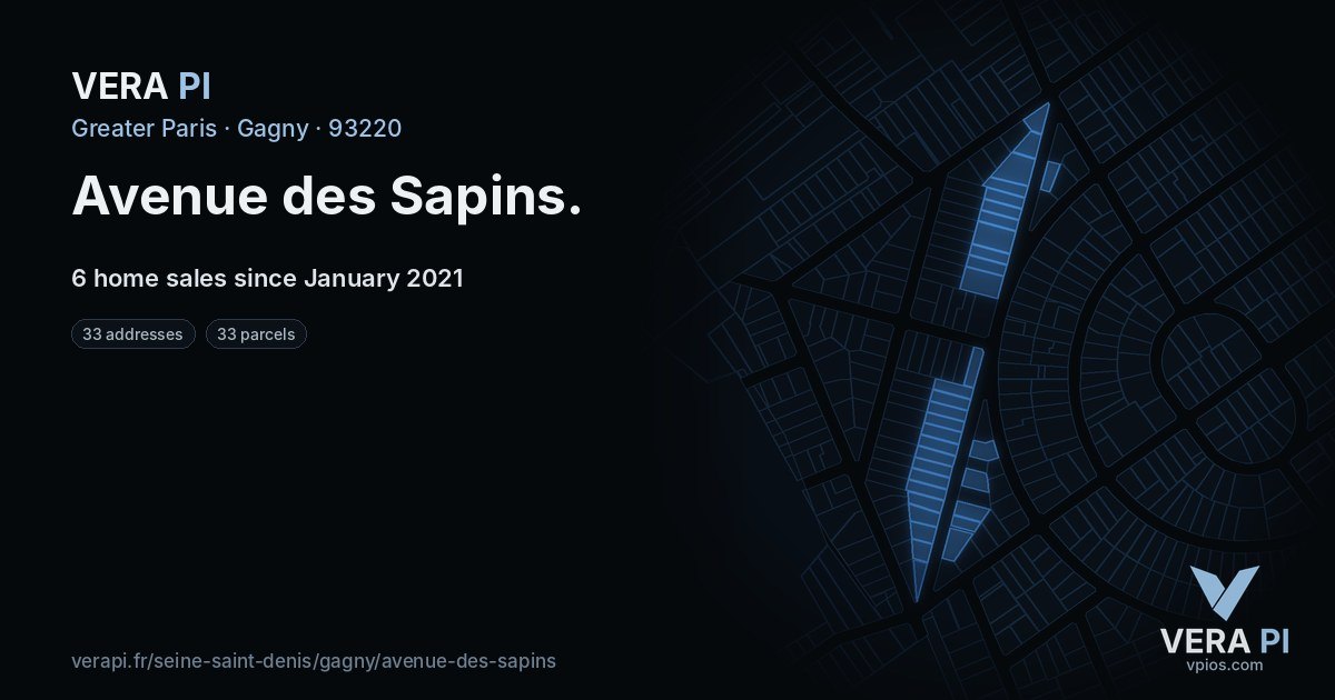 Avenue des Sapins, Gagny at night – every parcel coloured by the prices around it, the street's own parcels lit