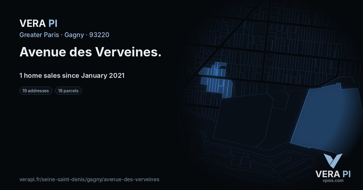 Avenue des Verveines, Gagny at night – every parcel coloured by the prices around it, the street's own parcels lit