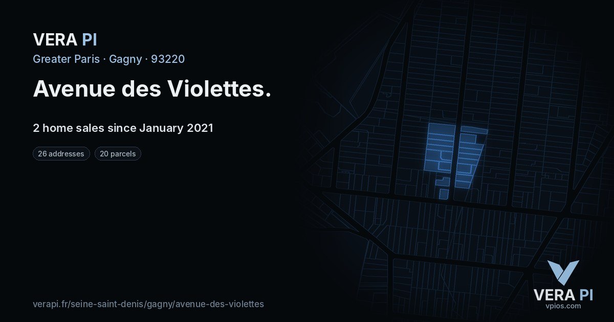 Avenue des Violettes, Gagny at night – every parcel coloured by the prices around it, the street's own parcels lit