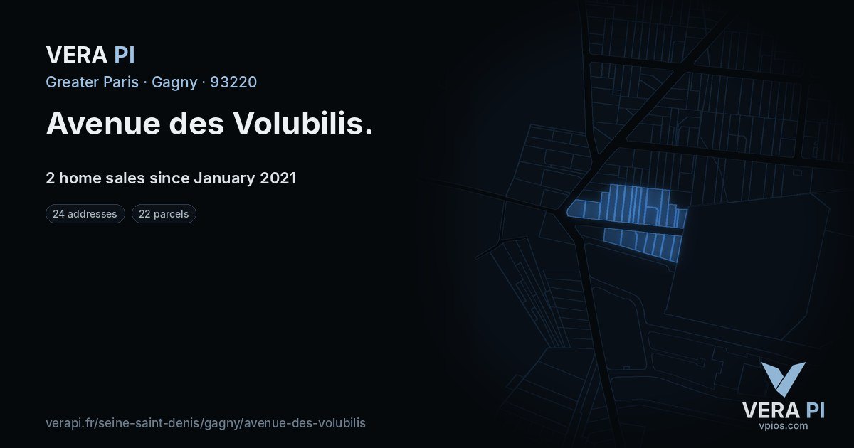 Avenue des Volubilis, Gagny at night – every parcel coloured by the prices around it, the street's own parcels lit