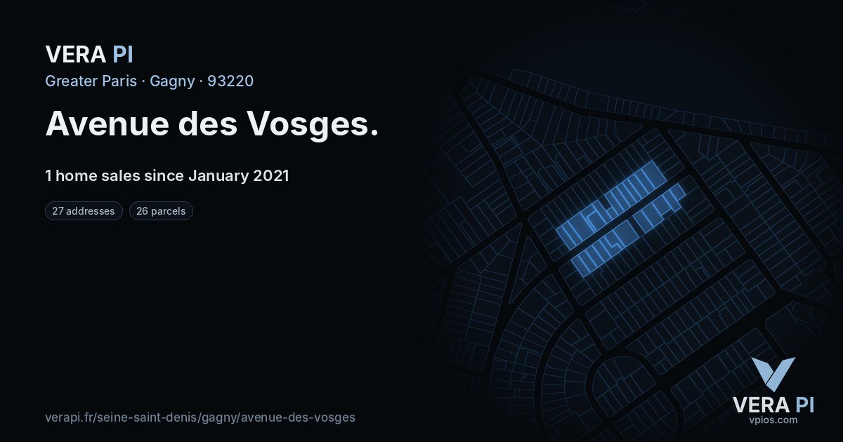 Avenue des Vosges, Gagny at night – every parcel coloured by the prices around it, the street's own parcels lit