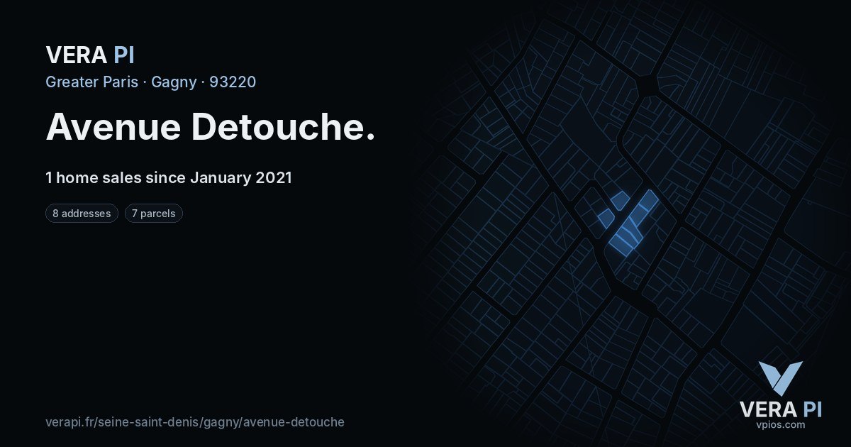 Avenue Detouche, Gagny at night – every parcel coloured by the prices around it, the street's own parcels lit