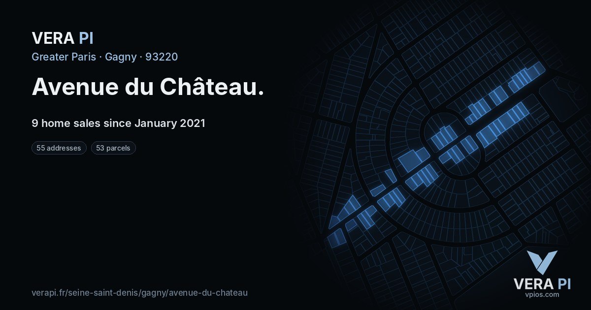 Avenue du Château, Gagny at night – every parcel coloured by the prices around it, the street's own parcels lit