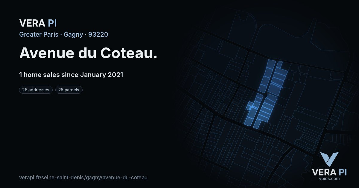 Avenue du Coteau, Gagny at night – every parcel coloured by the prices around it, the street's own parcels lit