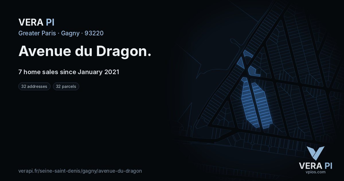 Avenue du Dragon, Gagny at night – every parcel coloured by the prices around it, the street's own parcels lit