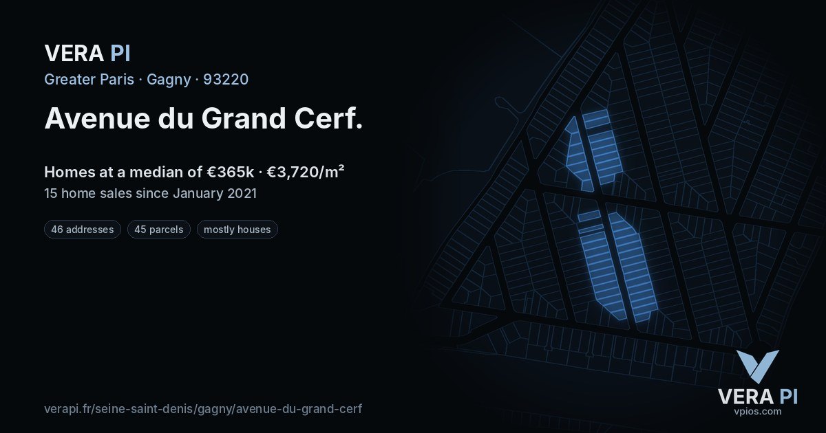 Avenue du Grand Cerf, Gagny at night – every parcel coloured by the prices around it, the street's own parcels lit