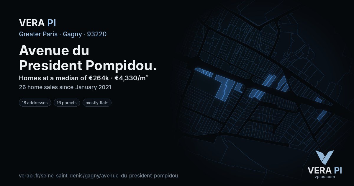 Avenue du President Pompidou, Gagny at night – every parcel coloured by the prices around it, the street's own parcels lit