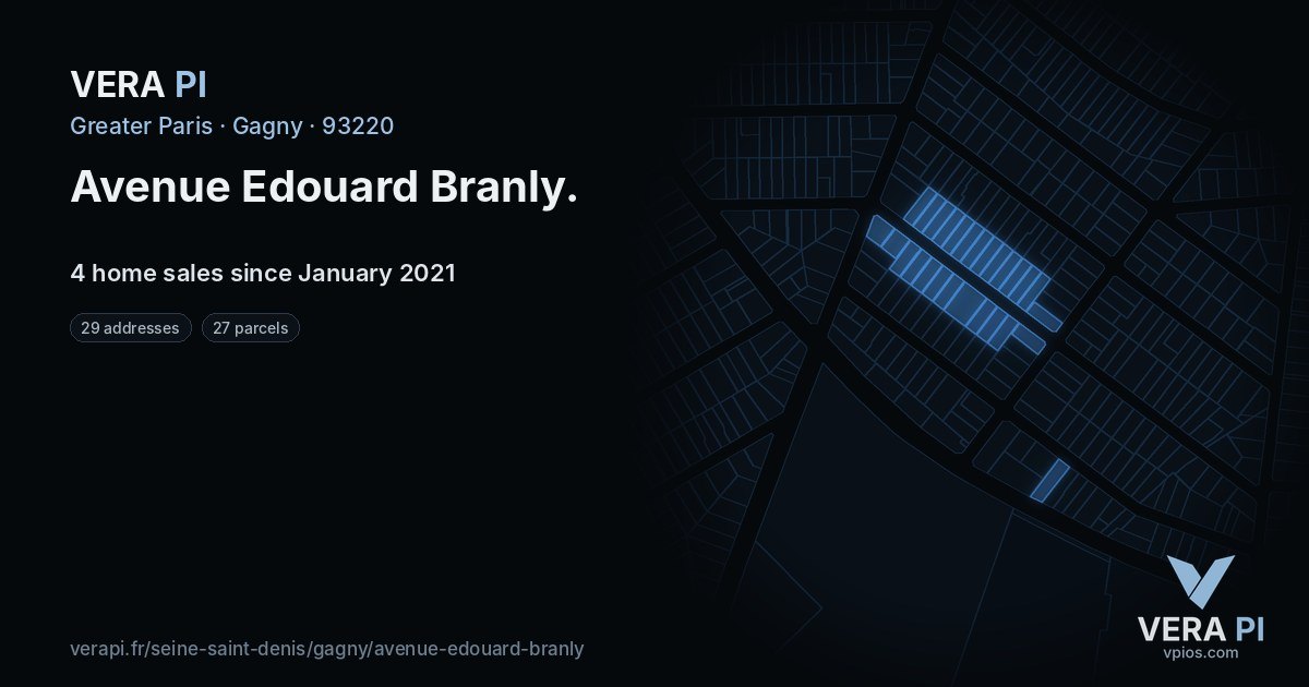 Avenue Edouard Branly, Gagny at night – every parcel coloured by the prices around it, the street's own parcels lit