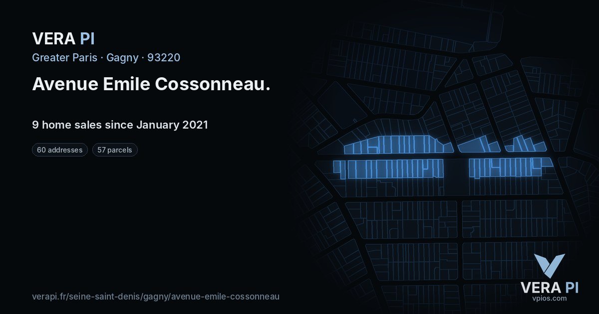 Avenue Emile Cossonneau, Gagny at night – every parcel coloured by the prices around it, the street's own parcels lit