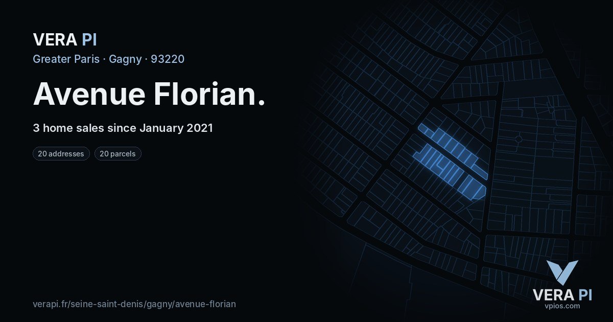Avenue Florian, Gagny at night – every parcel coloured by the prices around it, the street's own parcels lit