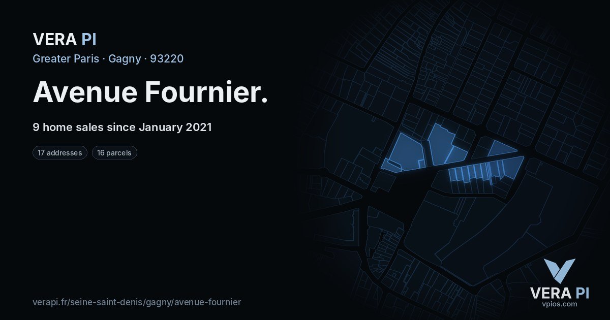 Avenue Fournier, Gagny at night – every parcel coloured by the prices around it, the street's own parcels lit