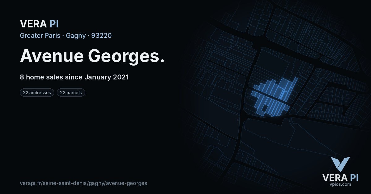 Avenue Georges, Gagny at night – every parcel coloured by the prices around it, the street's own parcels lit